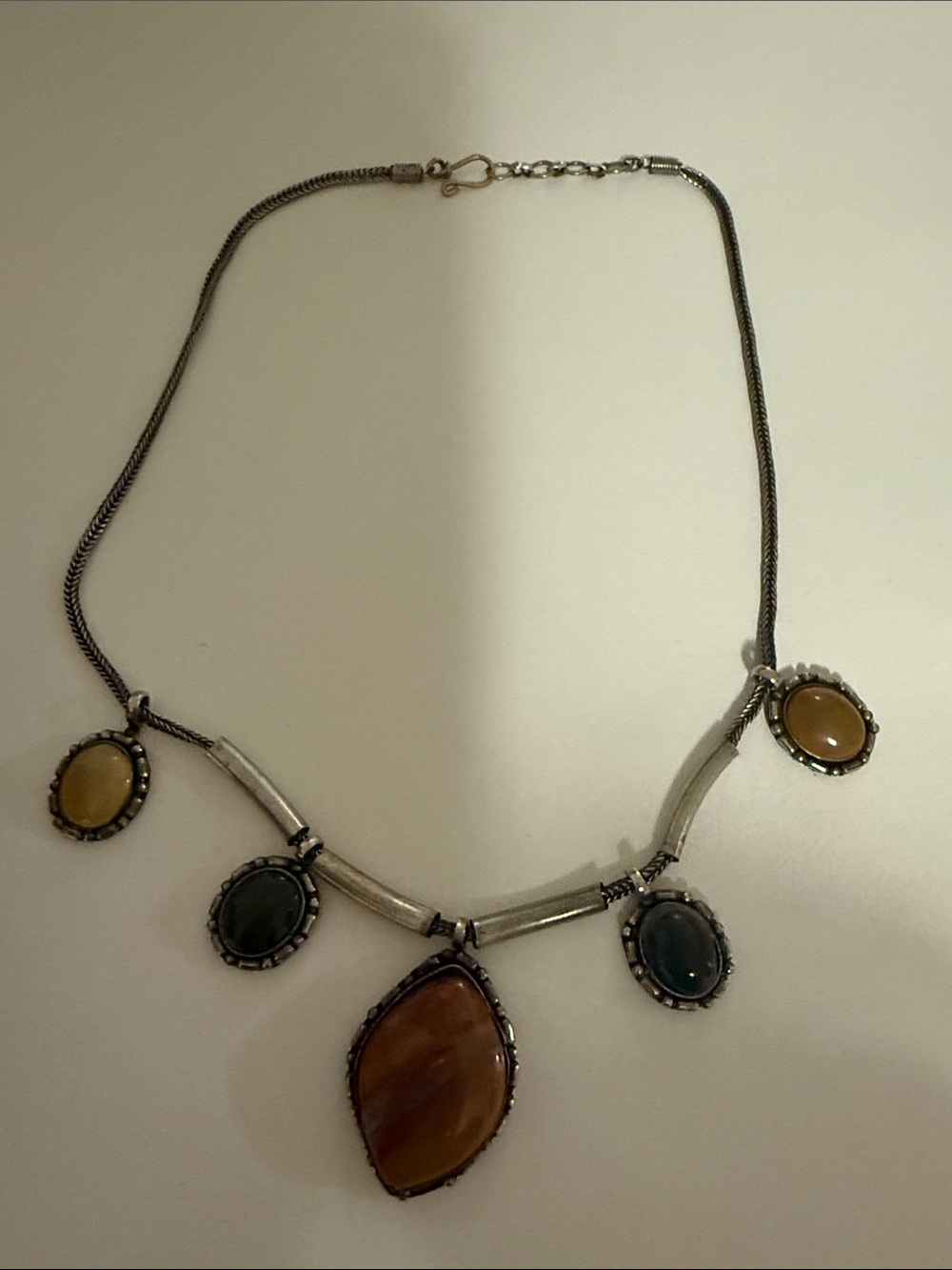 Multi-Stone Silver-Tone Pendant Necklace in Brown and Amber